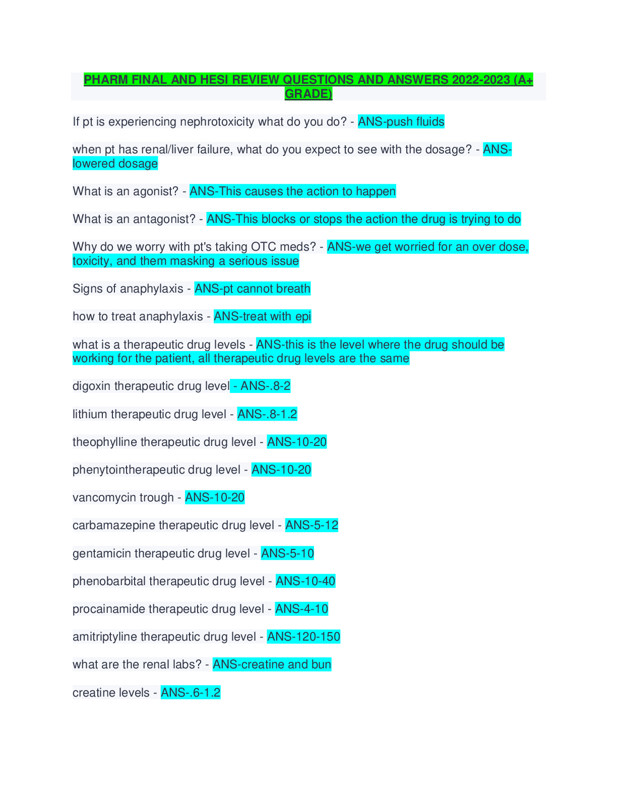 Preview image for PHARM FINAL AND HESI REVIEW QUESTIONS AND ANSWERS 2022-2023 (A+  GRADE)
